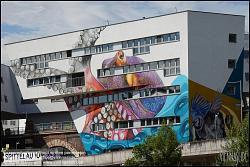 Viennaslide-00310965 Wien, Donaukanal, Häuser von Zaha Hadid, Mural von Duo Twooo für Projekt Urban Island // Vienna, Zaha Hadid Houses with Mural by Duo Twooo