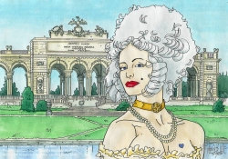 Viennaslide-01020001 Wien, Schloß Schönbrunn, Dame vor der Gloriette, Illustration