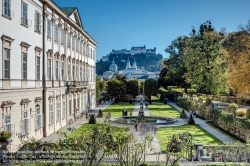 Viennaslide-04512109f Salzburg, Kurgarten, Schloss Mirabell, im Hintergrund die Festung Hohensalzburg - Salzburg, Mirabell Garden, Mirabell Palace, Hohensalzburg Castle in the Background