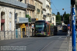 Viennaslide-05293136 Montpellier, moderne Tramway Linie 3, Fahrzeugdesign von Christian Lacroix - Montpellier, modern Tramway Line 3, Design by Christian Lacroix, Place Carnot