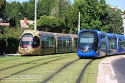 Viennaslide-05294048 Montpellier, moderne Tramway Linie 4, Fahrzeugdesign von Christian Lacroix - Montpellier, modern Tramway Line 4, Design by Christian Lacroix, Place Albert 1er