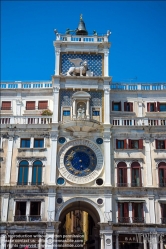 Viennaslide-06821103 St Mark's Clock is housed in the Clock Tower on the Piazza San Marco aka Saint Mark's Square in Venice, Italy, adjoining the Procuratie Vecchie. The first clock housed in the tower was built and installed by Gian Paolo and Gian Carlo Rainieri, father and son, between 1496 and 1499, and was one of a number of large public astronomical clocks erected throughout Europe during the 14th and 15th centuries. The clock has had an eventful horological history, and been the subject of many restorations, some controversial.