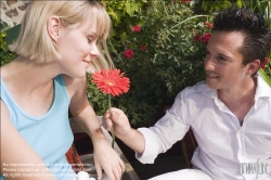 Viennaslide-72000193 Junger Mann schenkt seiner Freundin eine Blume - Young man presenting flower to his girlfriend