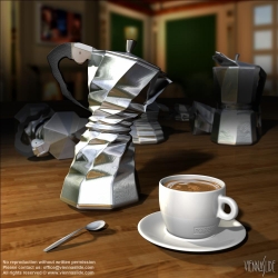 Viennaslide-72351149 Tanzender Kaffee, Illustration von Gregor Hartmann - Dancing Coffee, CGI Illustration