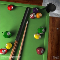 Viennaslide-72444547 Billard mit Obst, Illustration von Gregor Hartmann - Billard with Fruits, CGI Illustration